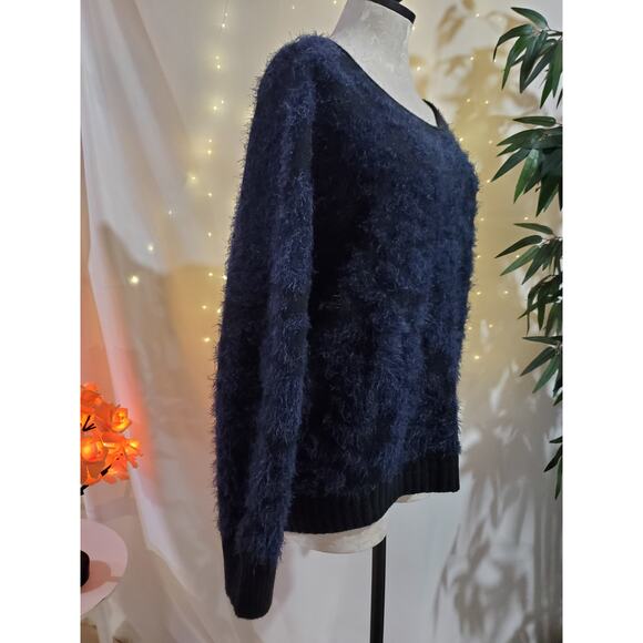 14th & Union Fuzzy Jacquard Blue Hi Low Scoop Neck Knit Sweater Womens Size L - Picture 9 of 12